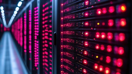 Close-up view of illuminated server racks in a data center, showcasing technology and connectivity (3)