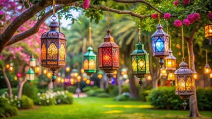 Obraz premium Colorful lanterns hanging from trees in a lush green garden during Eid ul Adha festival, eid al adha, floral arrangement