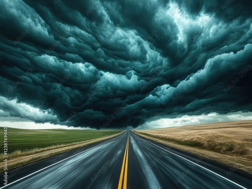 Aufkleber Dark storm clouds loom over a desolate highway, creating an atmosphere of impending danger.