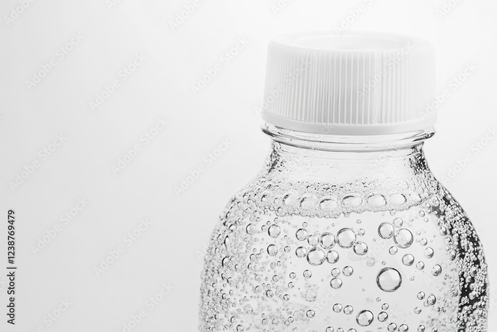 Poster a close-up shot of a bottle of water with visible air bubbles inside, useful for beverage or health-