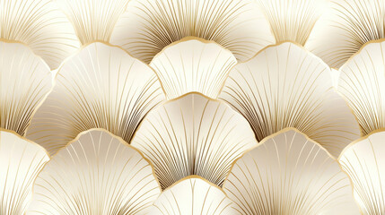 Luxurious art deco wallpaper pattern, gold and ivory scalloped fan motif, intricate symmetrical lines