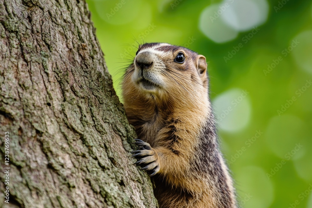 Poster a close-up of a ground squirrel standing upright against a tree trunk, with its paws and nose visibl
