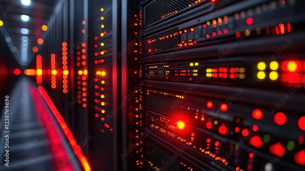 Poster close-up view of illuminated server racks in a data center, showcasing technology and connectivity