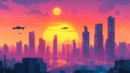 Fototapeta premium Futuristic Cityscape Sunset Aerial Vehicles
