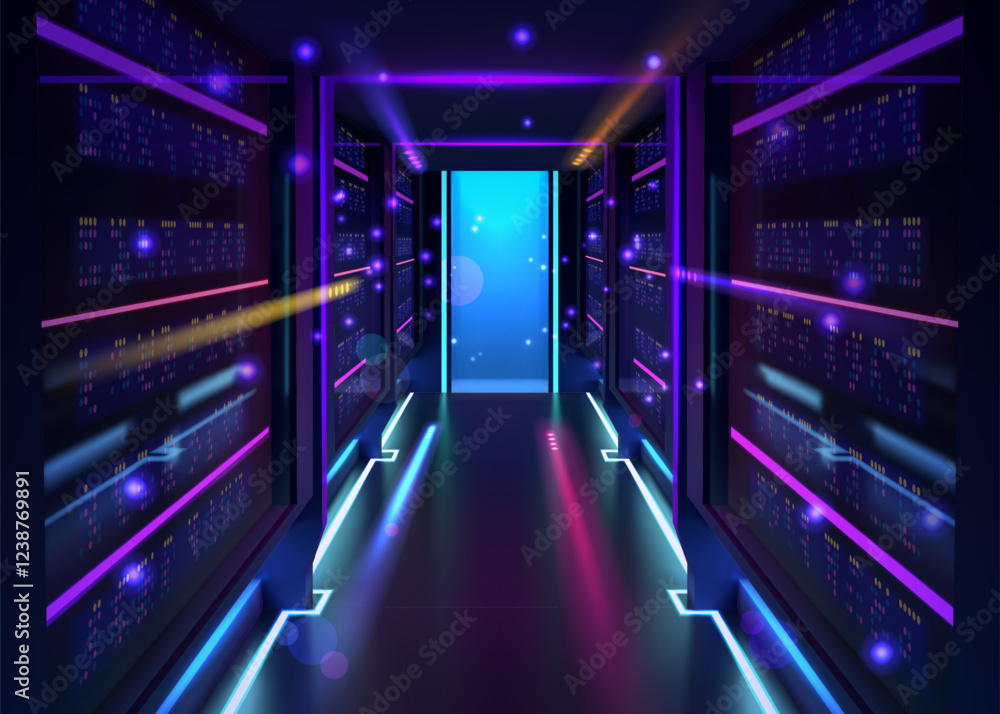 Poster Future technology. Digital data tech center. Abstract concept of server door or portal. 3D metaverse entrance. Futuristic room. Electric light. Spotlight reflection. Vector background