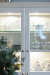A glass cabinet filled with various dishes and cups