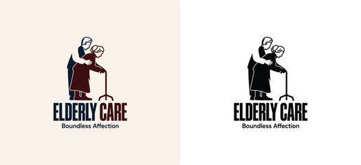 Elderly logo design, vector of elderly couple walking together using walking sticks and hugging