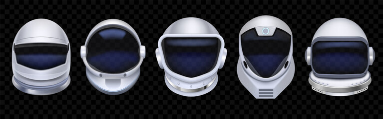 Astronaut helmet. 3D space suit. Spaceman uniform. Spacesuit with glass reflection. Cosmonaut on spaceship. Galaxy explorer equipment. Protective headwear. Vector cosmic objects set © SpicyTruffel