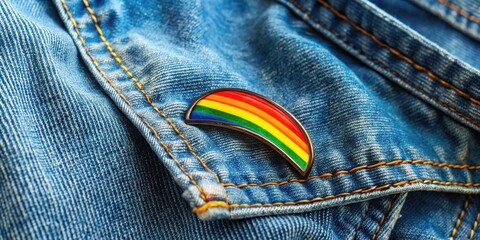 Close-up of a rainbow lapel pin on denim fabric
