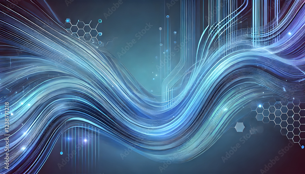 Poster a flowing abstract design with blue waves and hexagonal elements, evoking technology, science, and f