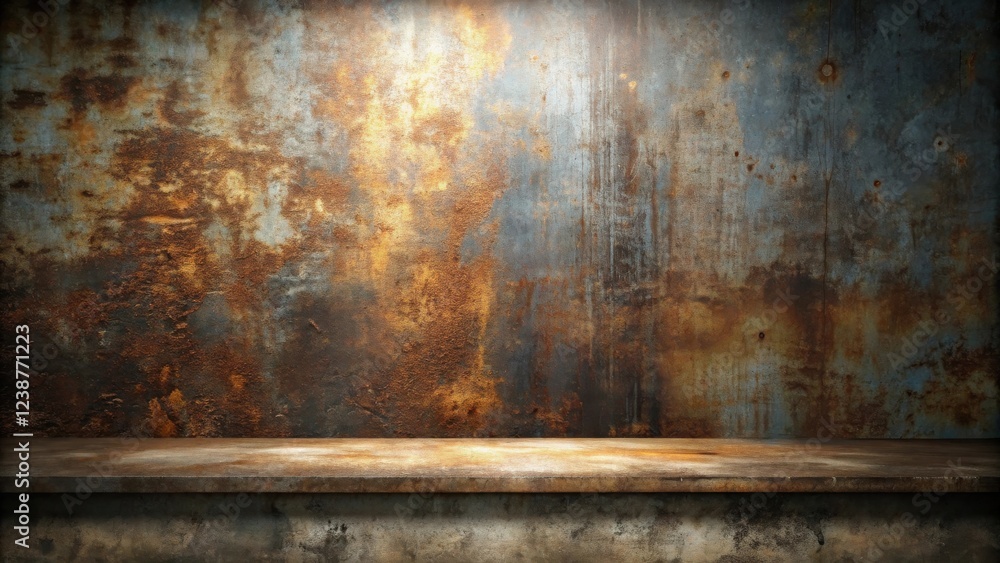 Poster Rustic Industrial Setting with Weathered Metal Wall and Display Shelf