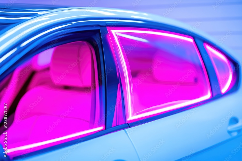 Poster a car with a pink light visible through the window, suitable for use in night scenes or as a symbol 