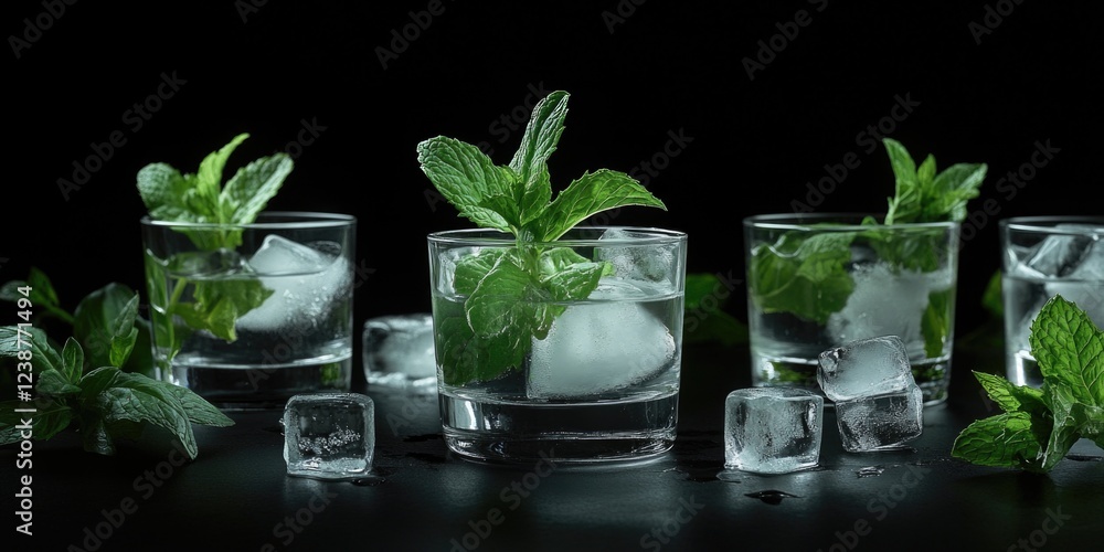 Poster a row of glasses with ice cubes and mint leaves in them. the glasses are all different sizes and are