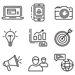  outline icons related to digital marketing. Linear icon collection. Editable stroke. Vector illustration