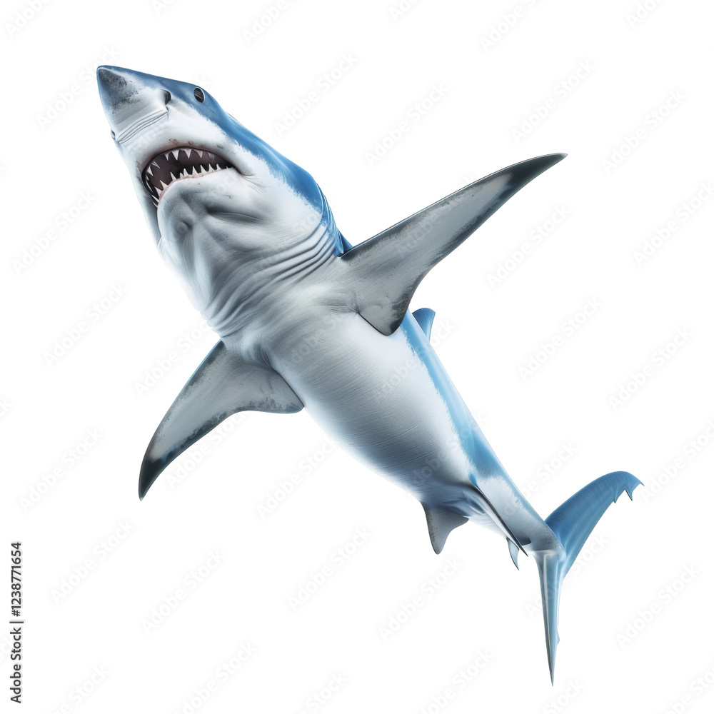 Poster powerful great white shark showing sharp teeth and dynamic movement in the ocean habitat