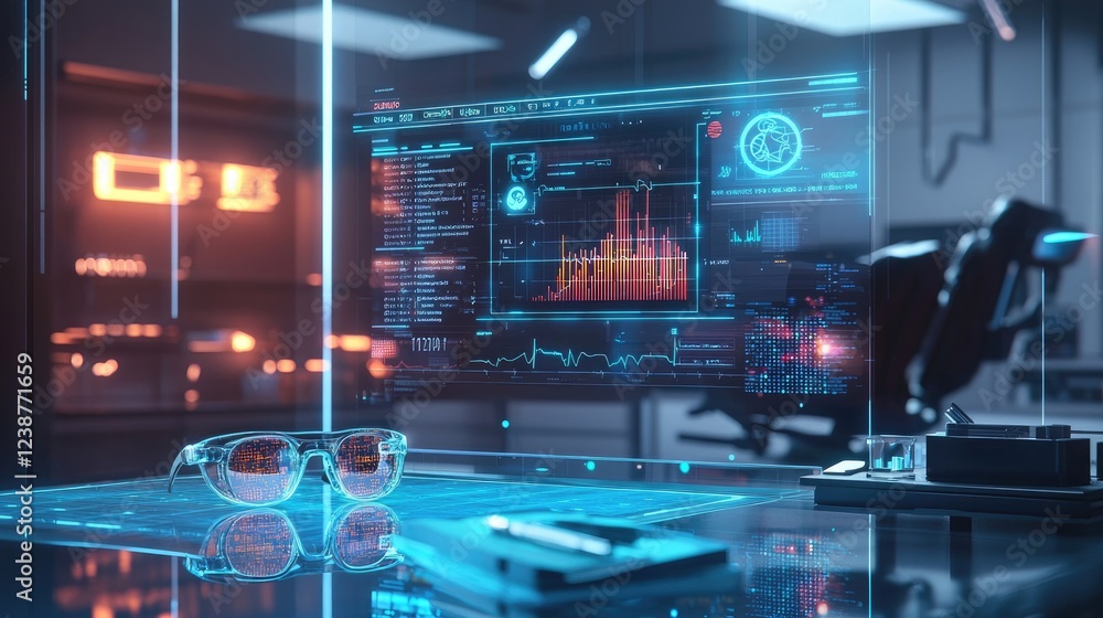 Poster futuristic tech workspace with setting smart glasses and holographic display