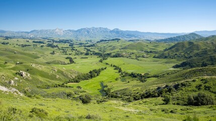 Naklejka premium Serene valley landscape, river flowing, mountains background, idyllic scenery, nature tourism