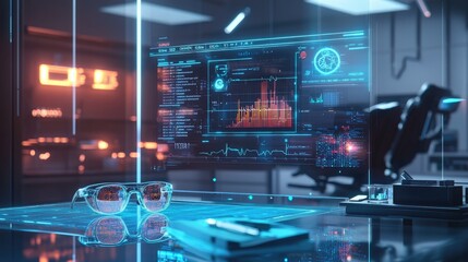 Obraz premium Futuristic Tech Workspace with setting Smart Glasses and Holographic Display