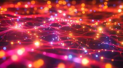 A vibrant digital mesh grid with glowing interwoven lines and light dots symbolizing data flow and connections