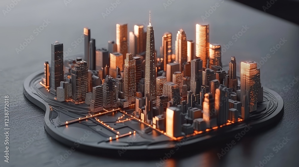 Poster futuristic city skyline with glowing data elements and modern architecture