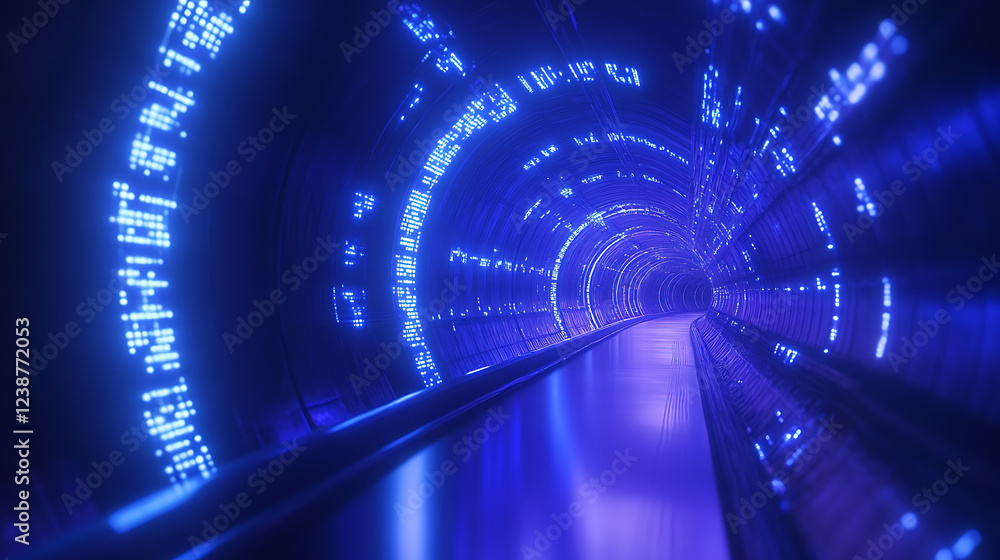 Poster a futuristic tunnel illuminated with vibrant blue lights, creating a dynamic sense of movement and d