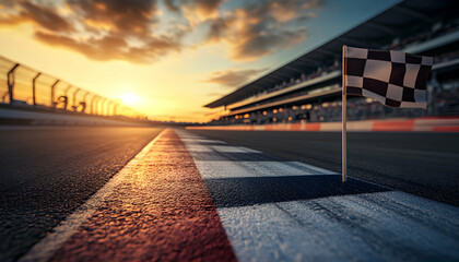 Fototapeta premium Sunset Finish Line: A checkered flag marks the end of a race at sunset, capturing the thrill of victory and the beauty of the golden hour.
