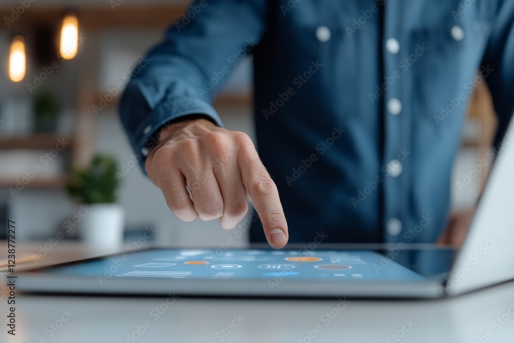 Poster business professional using touchscreen device to analyze data in modern office environment