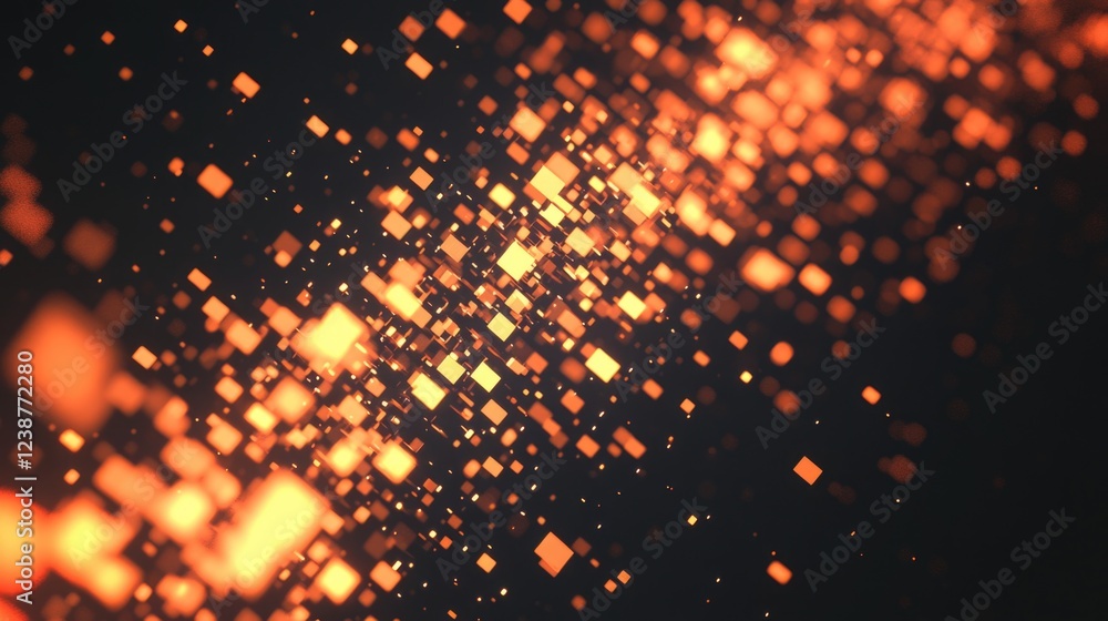 Poster bright orange sparkles falling down in a dark space, creating an intense and lively atmosphere.