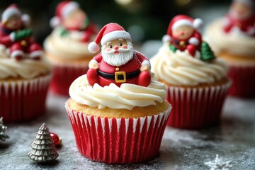 A decorated cupcake with Santa Claus figurine on top, perfect for holiday celebrations or festive photography