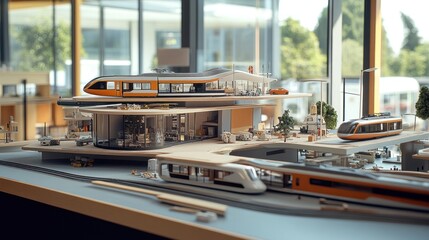 Obraz premium Architectural Model of Futuristic Train Station with Integrated Transit System