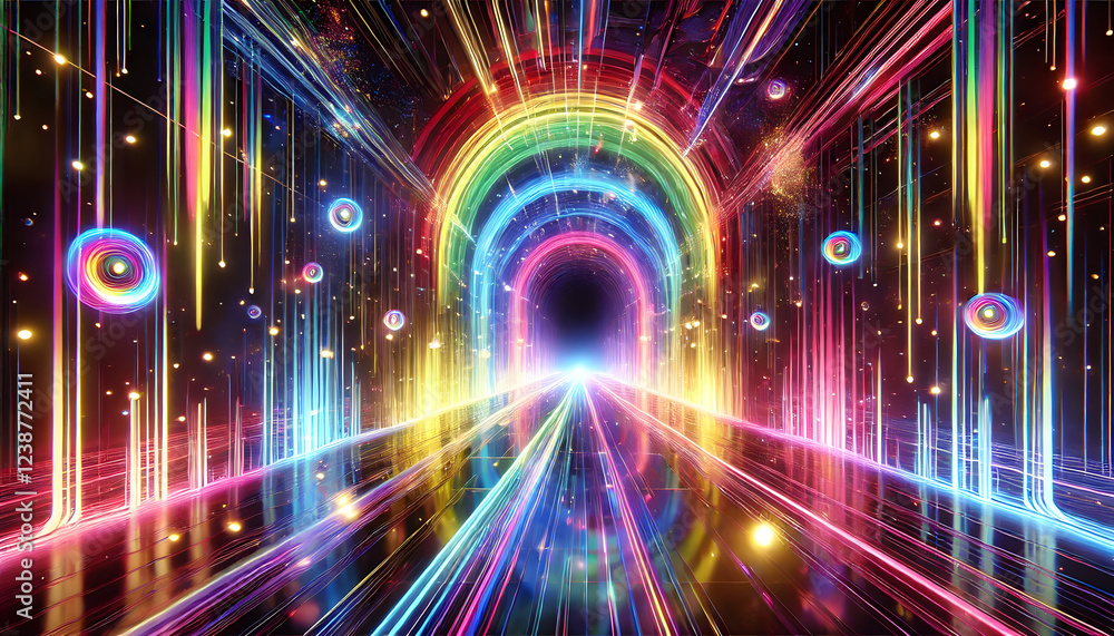 Poster a mesmerizing rainbow light tunnel with glowing arches and reflective floors, creating a surreal and