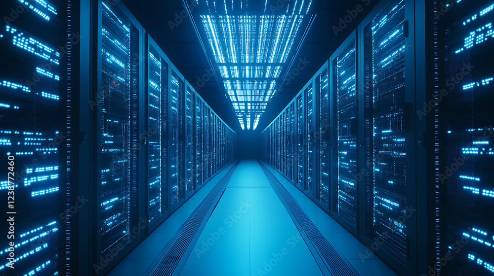 Poster a futuristic data center corridor illuminated by blue lights, featuring rows of servers on either si