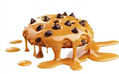Melting Chocolate Chip Cookie Floating with Streams of Caramel Sauce on a White Background