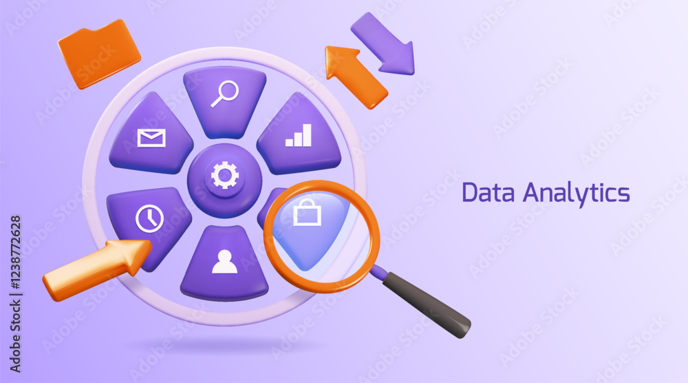 Poster 3D segment. Data analytic. Business target. Behavior audience for customer focus. Advertising shape or preference group. Magnifying glass. Documents audit. Startup strategy vector banner