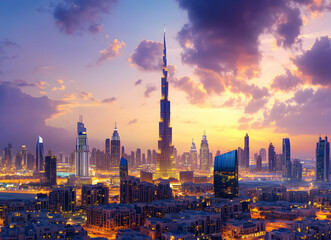 Obraz premium Dubai Skyline at Sunset: A Breathtaking Panorama of Modern Architecture