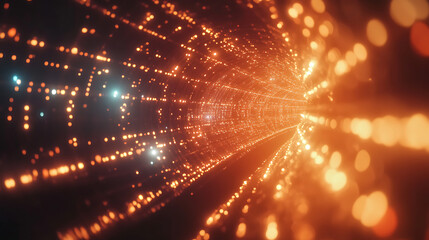 A vibrant, glowing tunnel of orange and yellow lights, creating a dynamic sense of movement and depth.