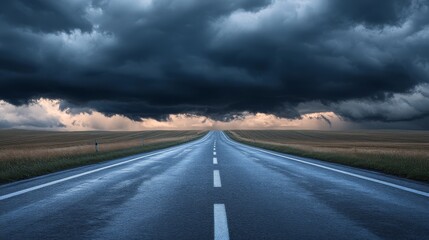 Naklejka premium A road against a stormy sky with dark clouds