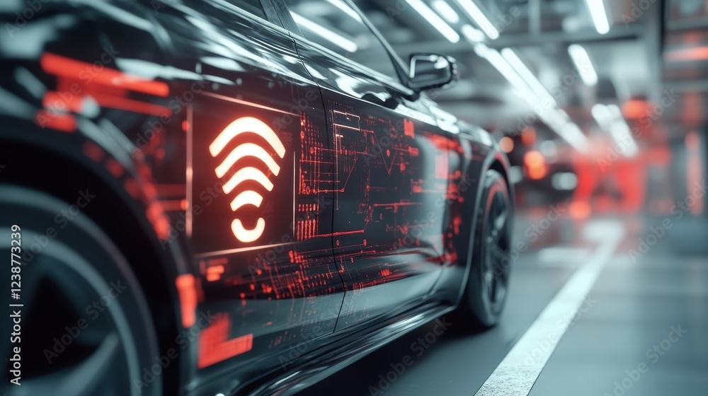 Poster innovative electric vehicle featuring a wireless network symbol and futuristic data visualization pr