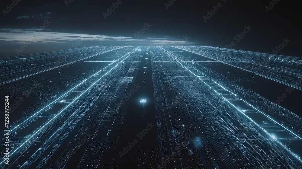 Poster interwoven data lines creating a digital tapestry in a futuristic landscape