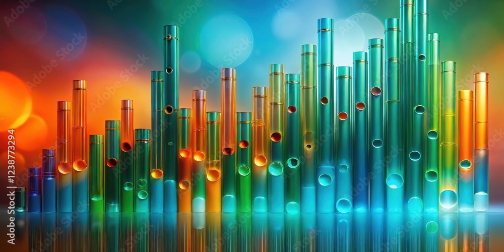 Poster abstract colorful cylindrical forms, reflecting light and creating a vibrant musical arrangement