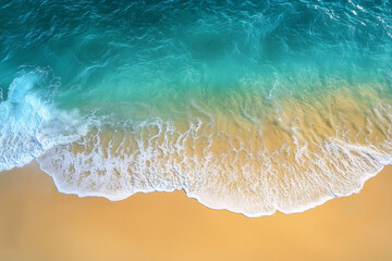 A breathtaking aerial view of a tropical beach where turquoise ocean waves gently meet the golden sand. The foamy white surf creates a stunning contrast, capturing the serene and refreshing essence of