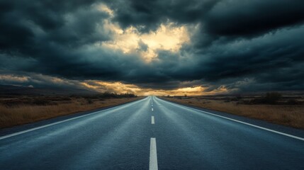 A road against a stormy sky with dark clouds