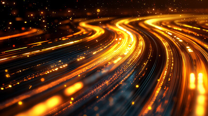 A vibrant display of flowing lights in warm hues, resembling dynamic movement and energy, set against a dark backdrop.