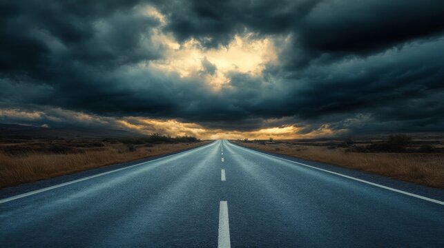 A road against a stormy sky with dark clouds