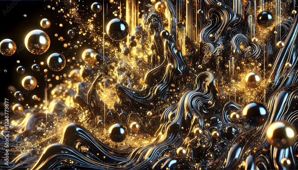 Poster dynamic close-up of a metallic golden and black liquid flow with glossy reflections and intricate te
