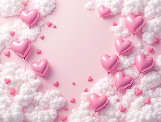 Fototapeta premium pink balloons drifting among fluffy clouds against a gentle pink backdrop