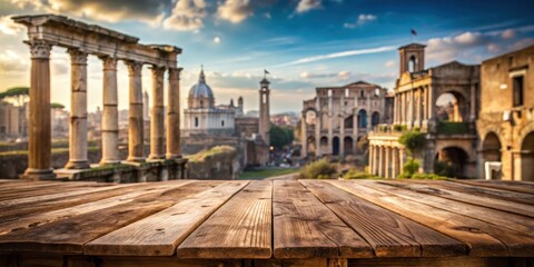 Fototapeta premium A worn wooden table top sits empty against a soft blur of ancient Roman architecture, with worn stone columns and crumbling archways in the background , rome cityscape, rustic wood