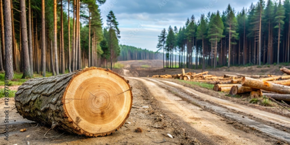 Aufkleber cut tree trunk resting on a dirt road leading through a recently logged forest area