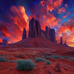 A breathtaking landscape showcasing the majestic rock formations of Monument Valley, bathed in vibrant hues of red, orange, and purple during sunset. The sky is filled with dramatic clouds that add de