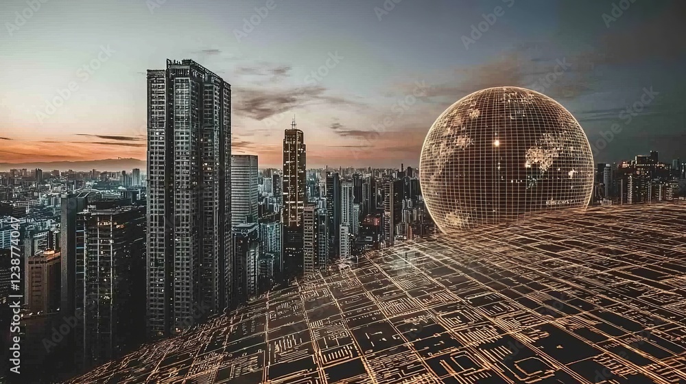 Poster futuristic cityscape with luminescent waves and data representation elements